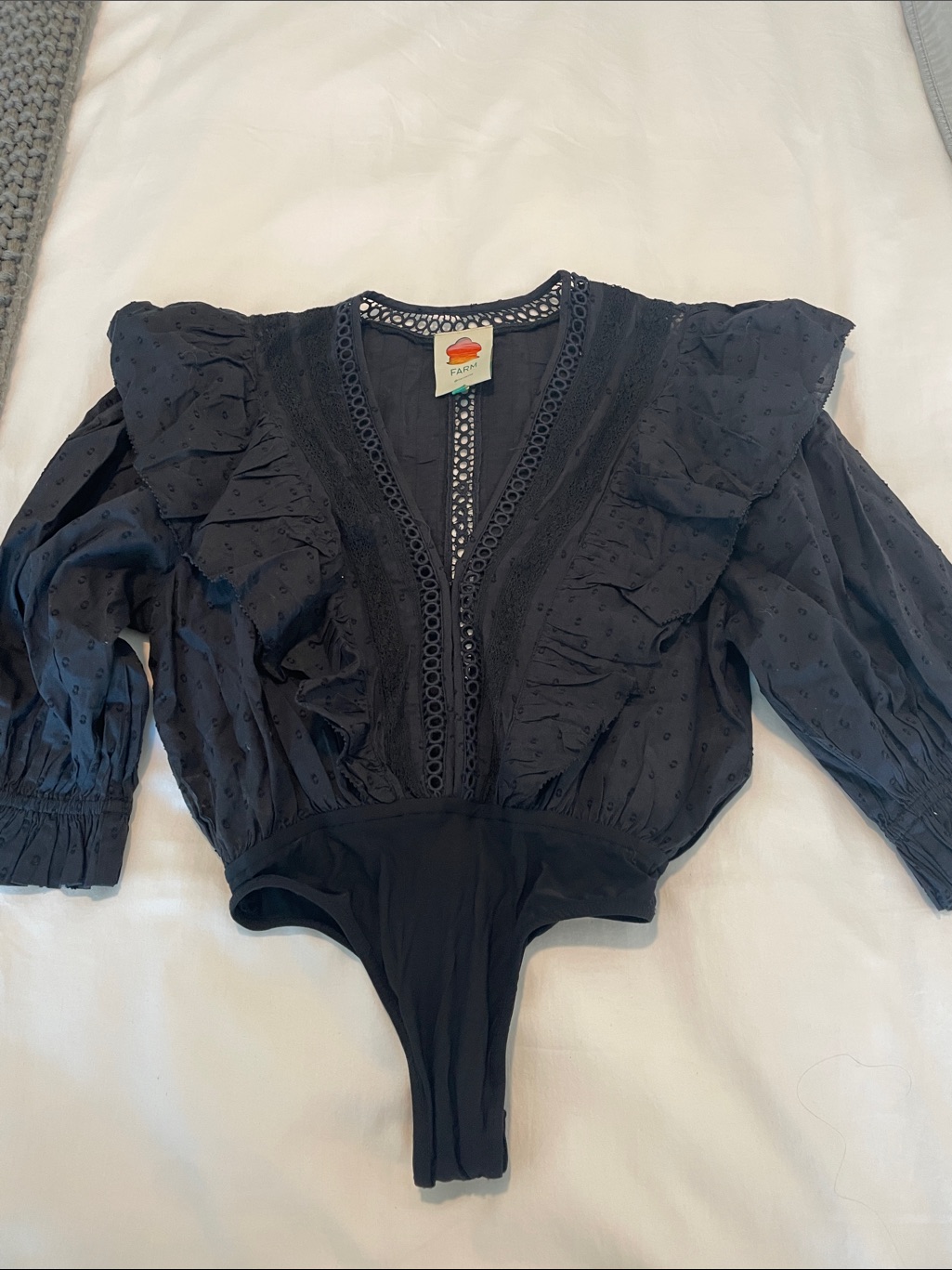 Farm Rio Black Ruffled Eyelet Bodysuit